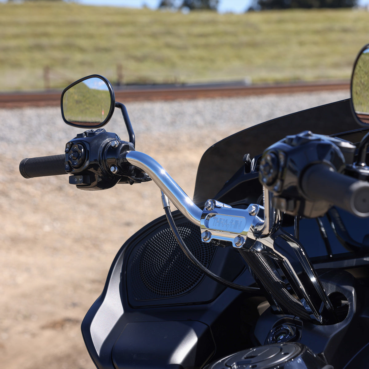 Chrome high-bend handlebar installation view; other parts not included