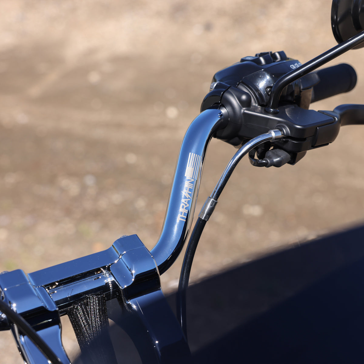 Chrome high-bend handlebar installation view; other parts not included