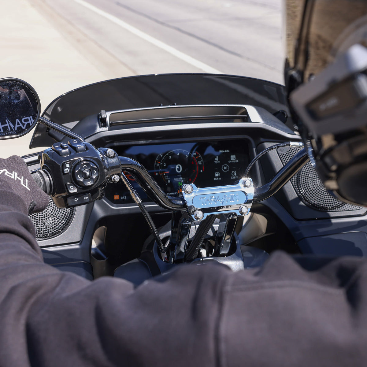 TSC-2802-1 black high-bend handlebar installed, view 3; motorcycle and other parts not included