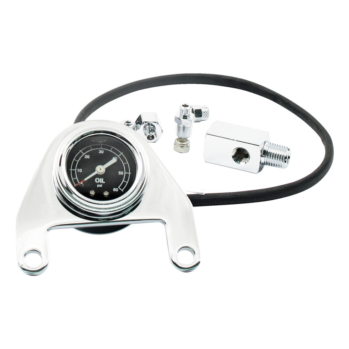 Oil pressure gauge kit rocker box, 0-60 PSI. Chrome
