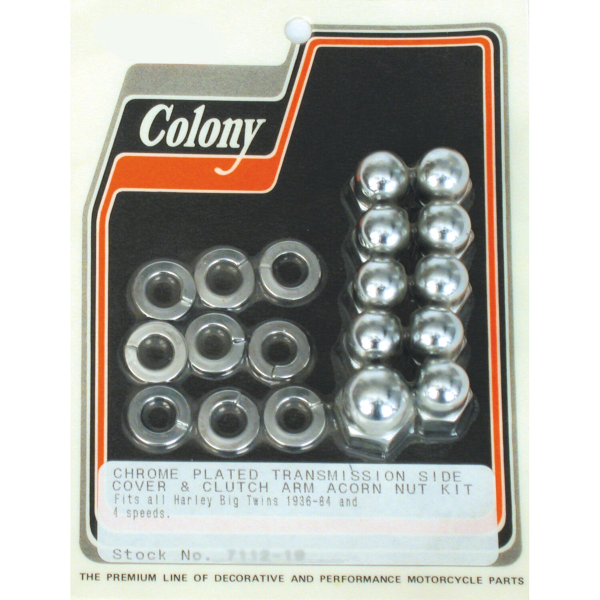 Colony, transmission side cover screw kit. Chrome Acorn