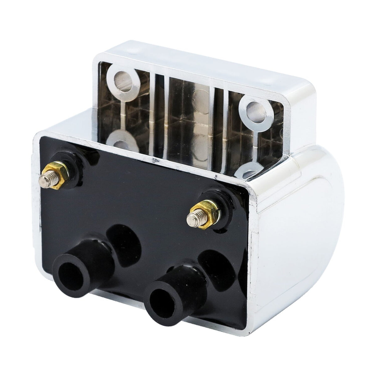 Late OEM style ignition coil. 12v, 5 ohm. Chrome