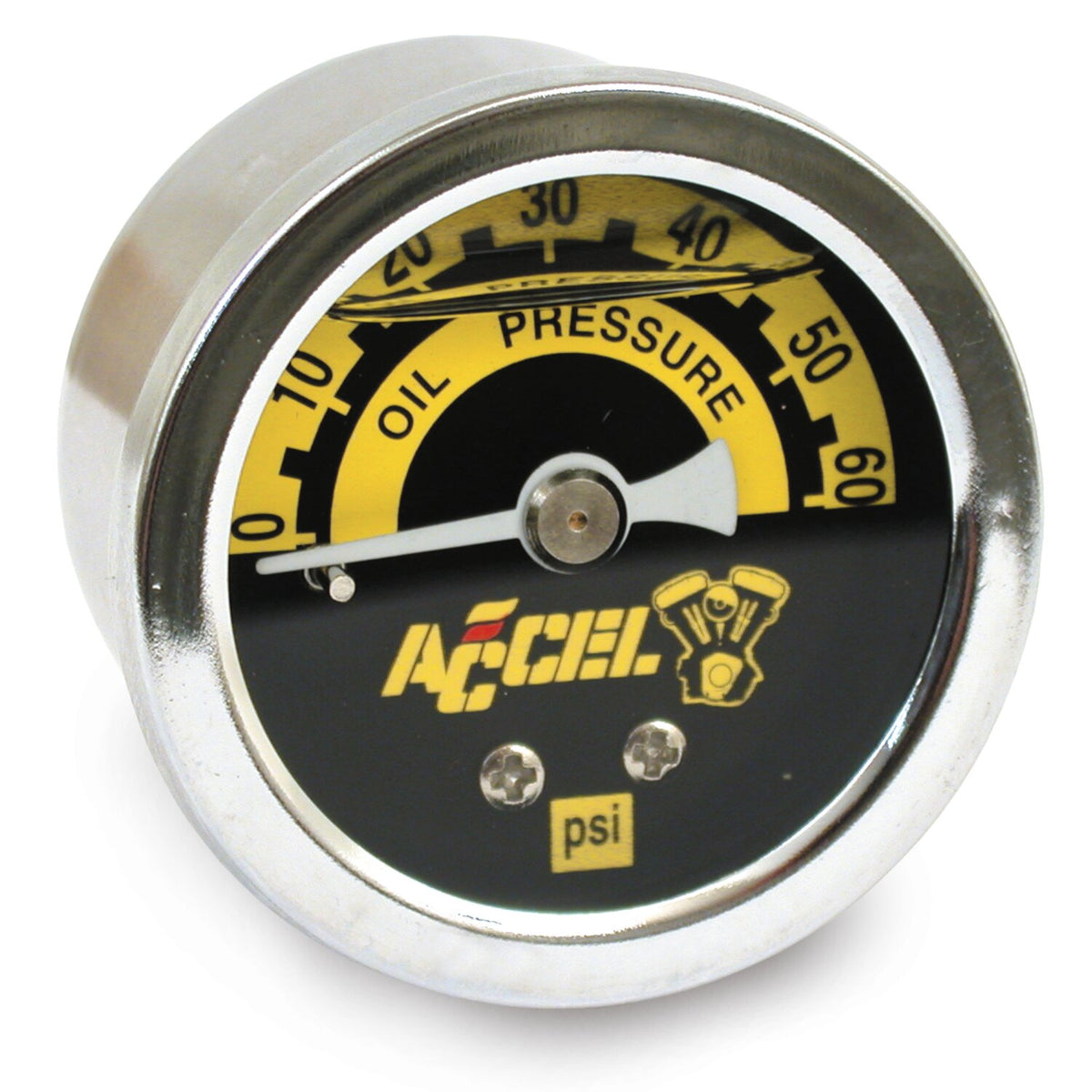 ACCEL, oil pressure gauge, 0-60 PSI. Chrome