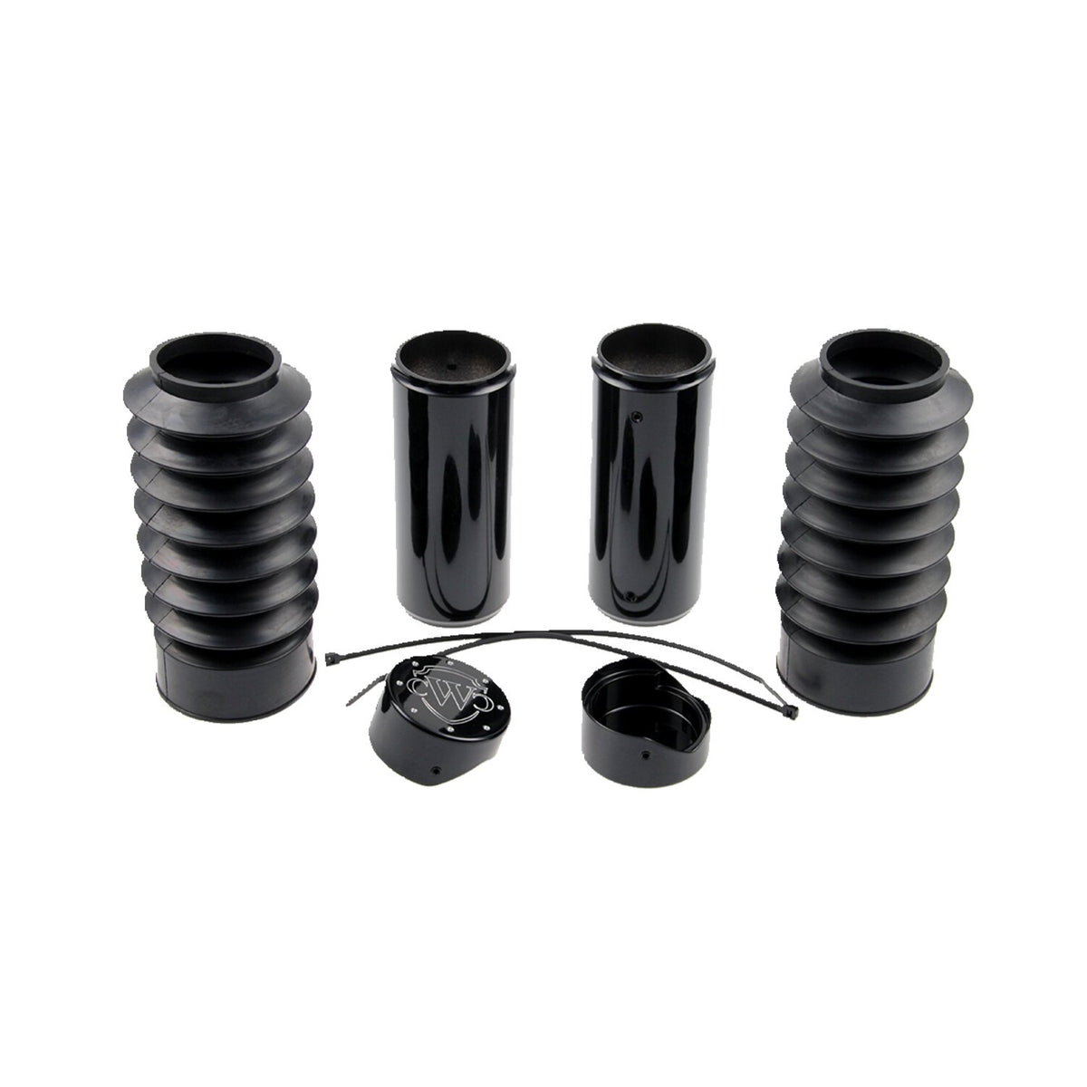 Cult-Werk, 6-piece fork tube cover kit. Gloss black. Logo