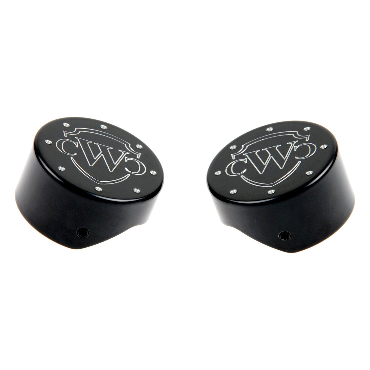 Cult-Werk, 2-piece fork tube cap bolt cover kit. Black, logo