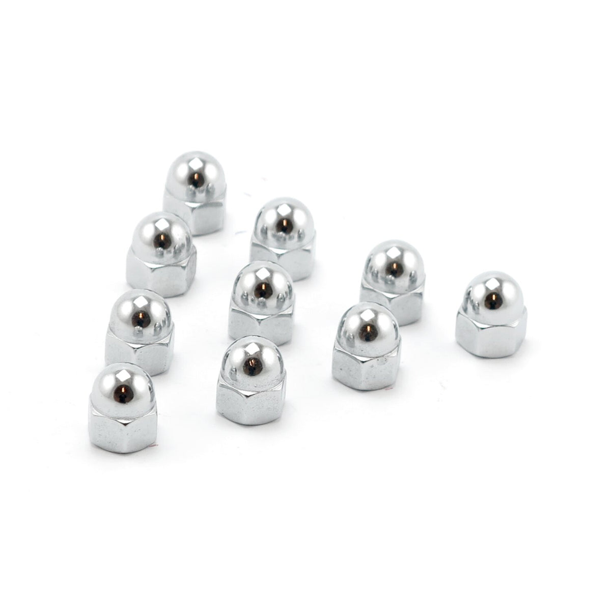Colony, M10 x 1.25 acorn nuts, chrome. Low Crown