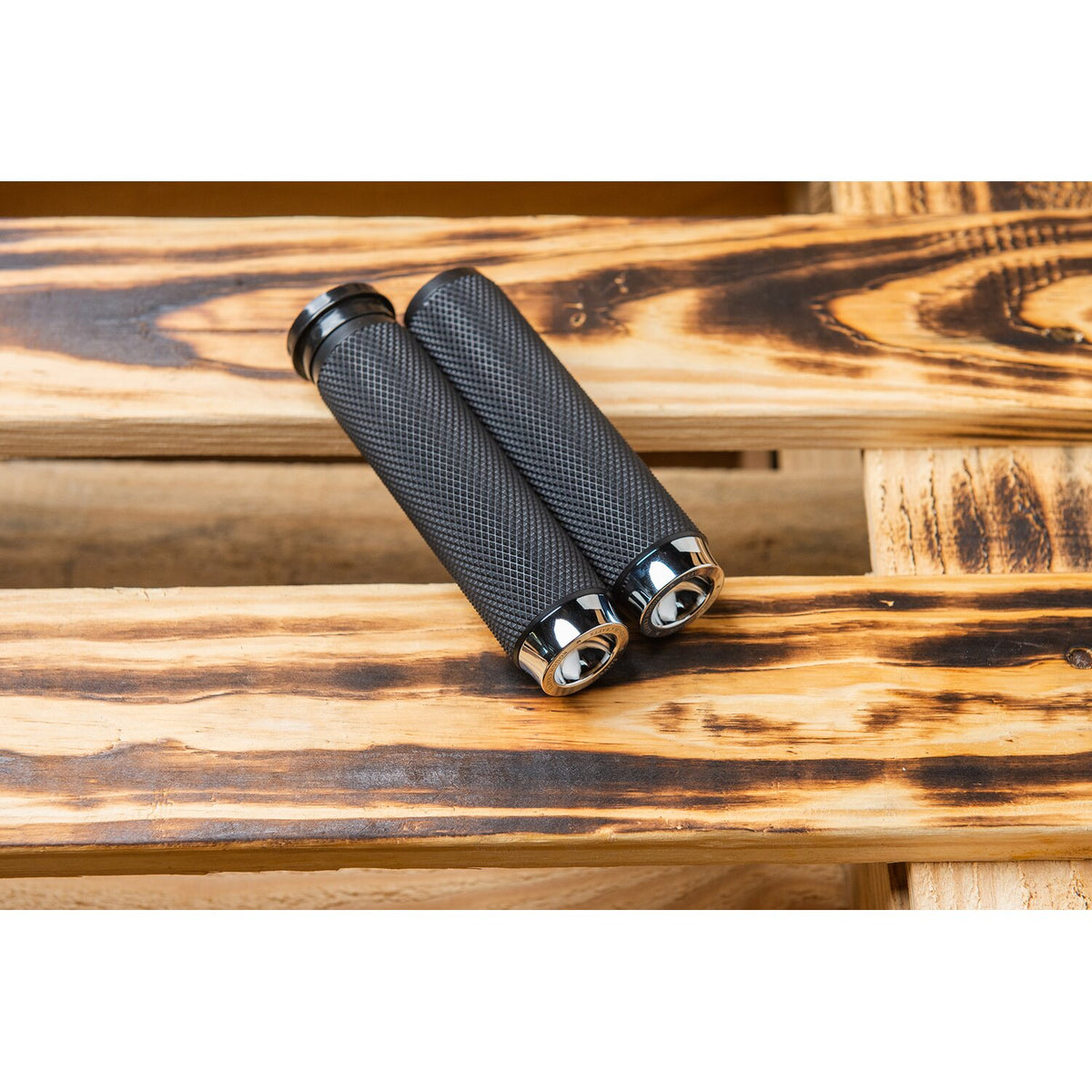 Rough Crafts, knurled rubber handlebar grips. Chrome