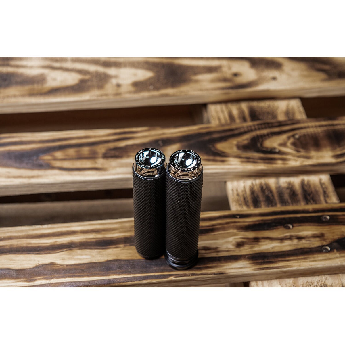 Rough Crafts, knurled rubber handlebar grips. Chrome