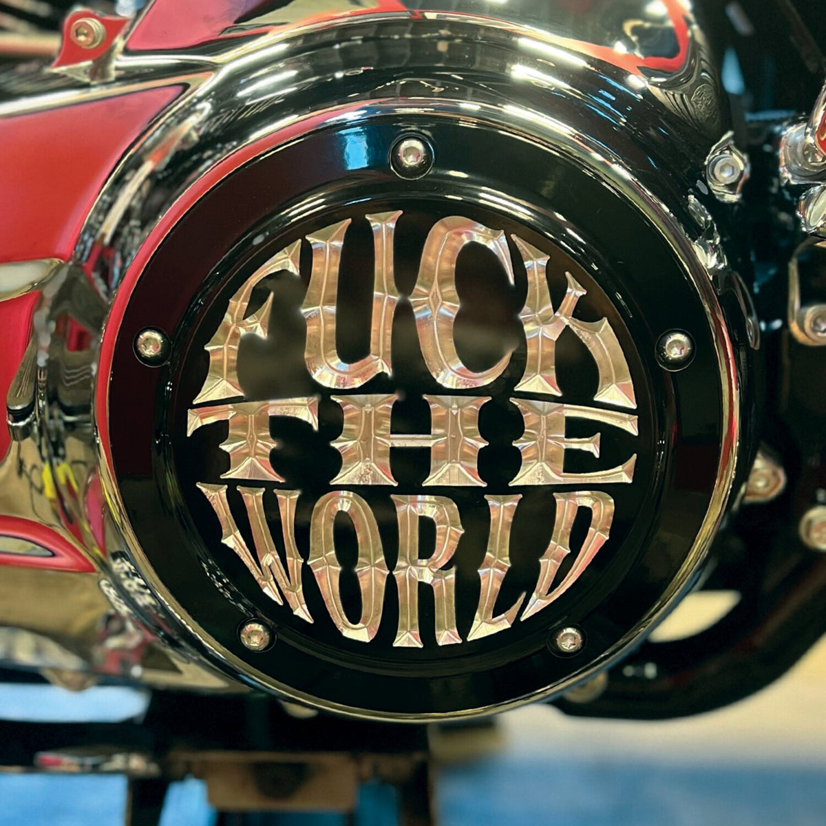Indian Larry, 'FTW' derby cover. Gloss black/clear