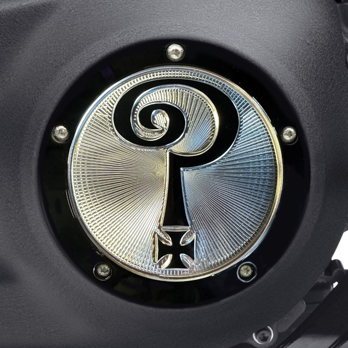 Indian Larry, 'Question Mark' derby cover. Gloss black/clear