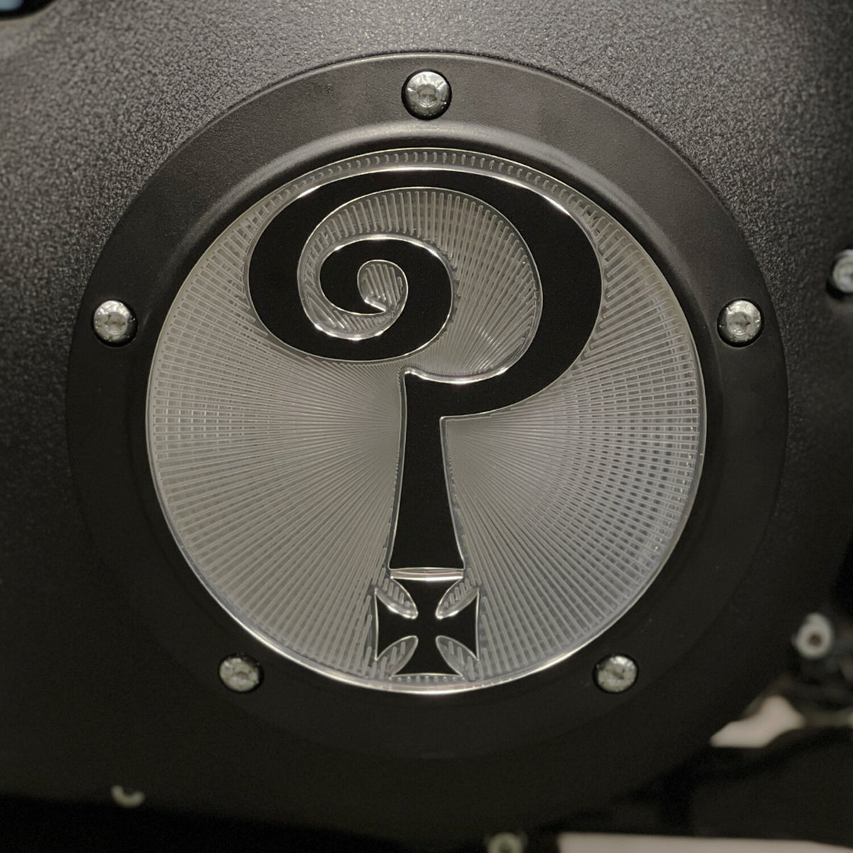 Indian Larry, 'Question Mark' derby cover. Matte black/clear
