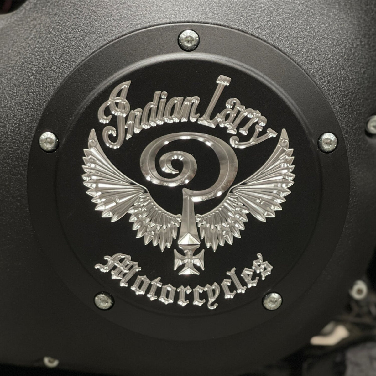 Indian Larry, 'Indian Larry' logo derby cover. Matte black