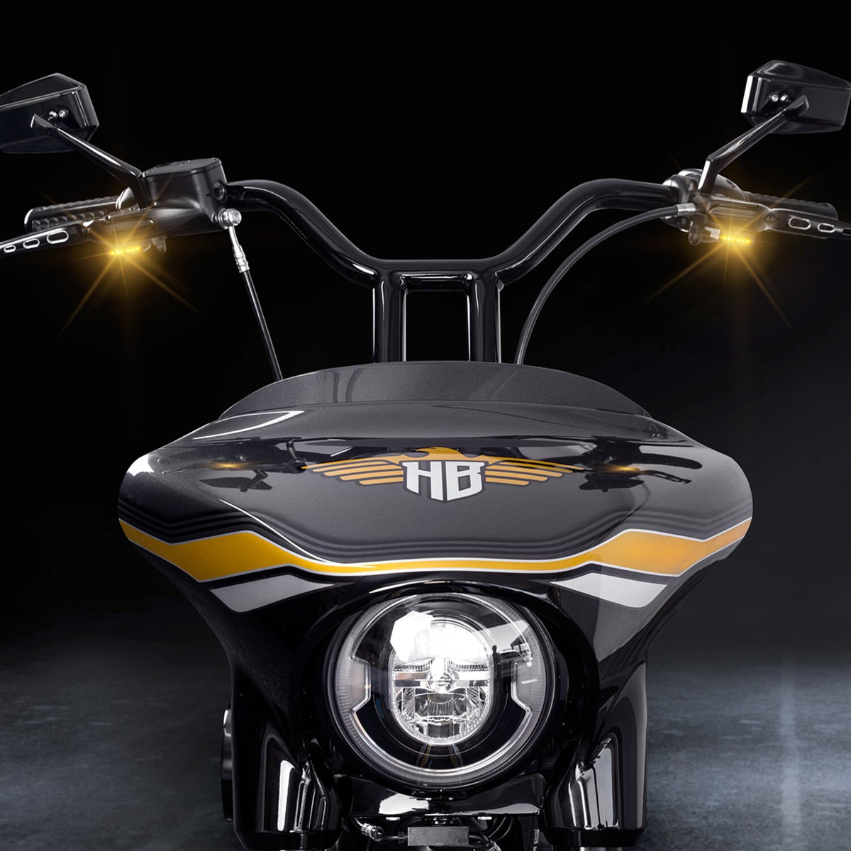 HeinzBikes, 'Stripes' below bar turn signals. Chrome with PL