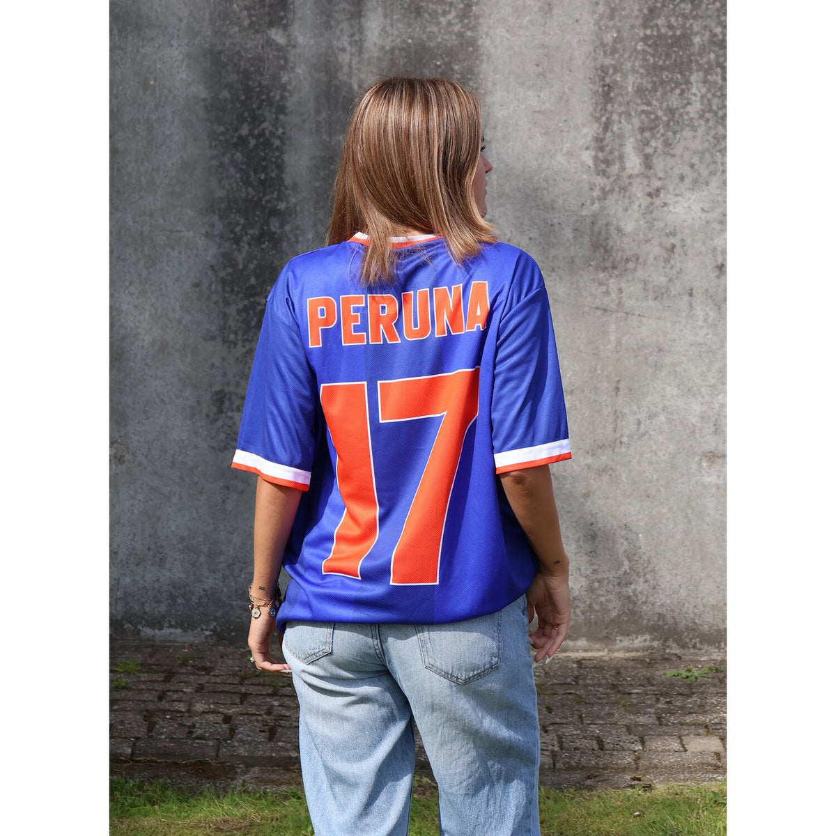 Roeg Peruna LE football jersey blue/orange