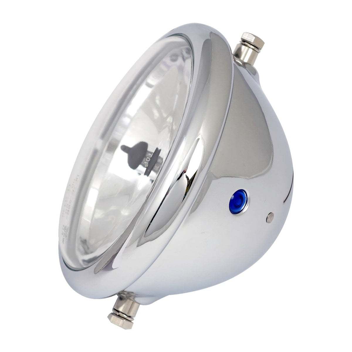 Bates style 5-3/4" H4 headlamp. side mount. Chrome