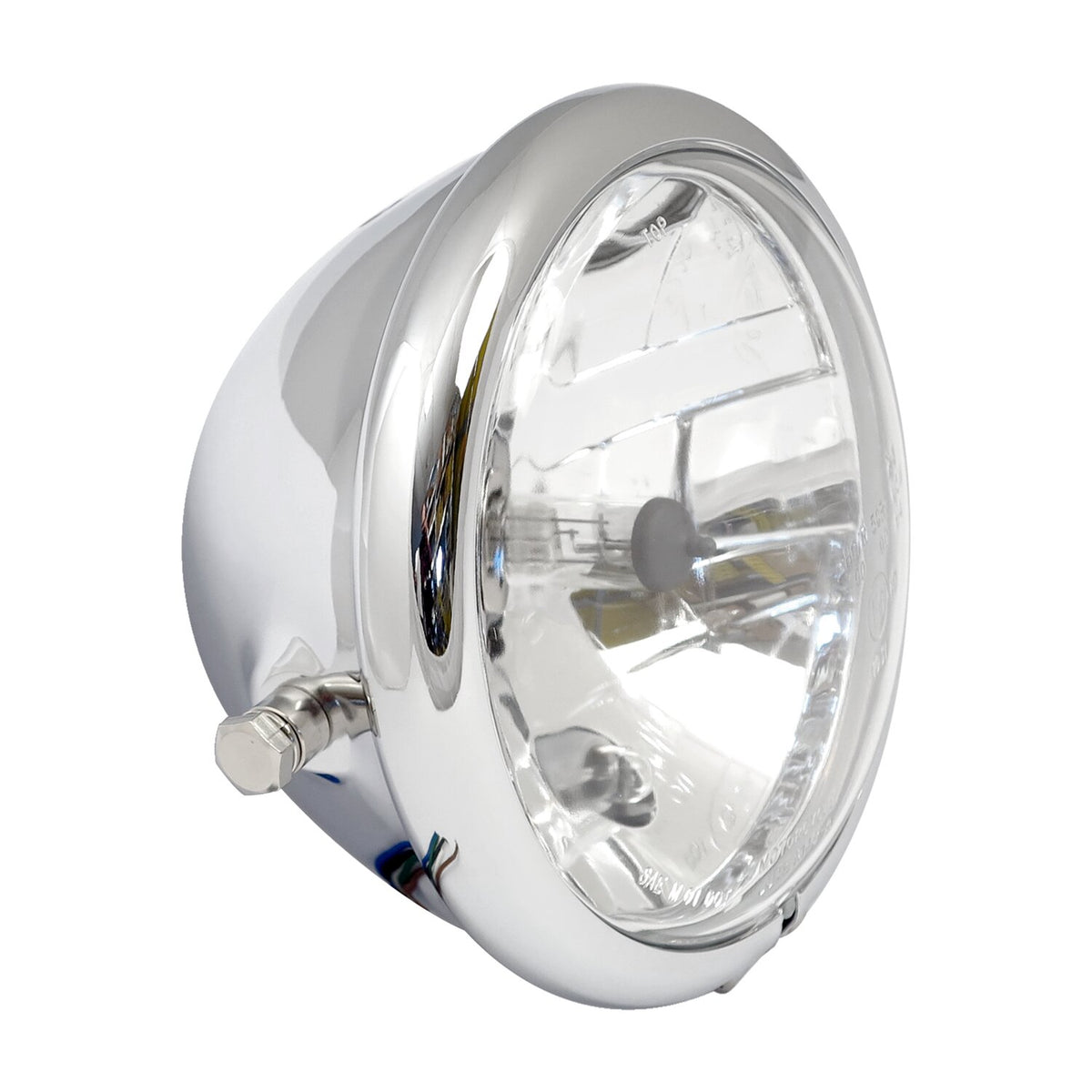 Bates style 5-3/4" H4 headlamp. side mount. Chrome