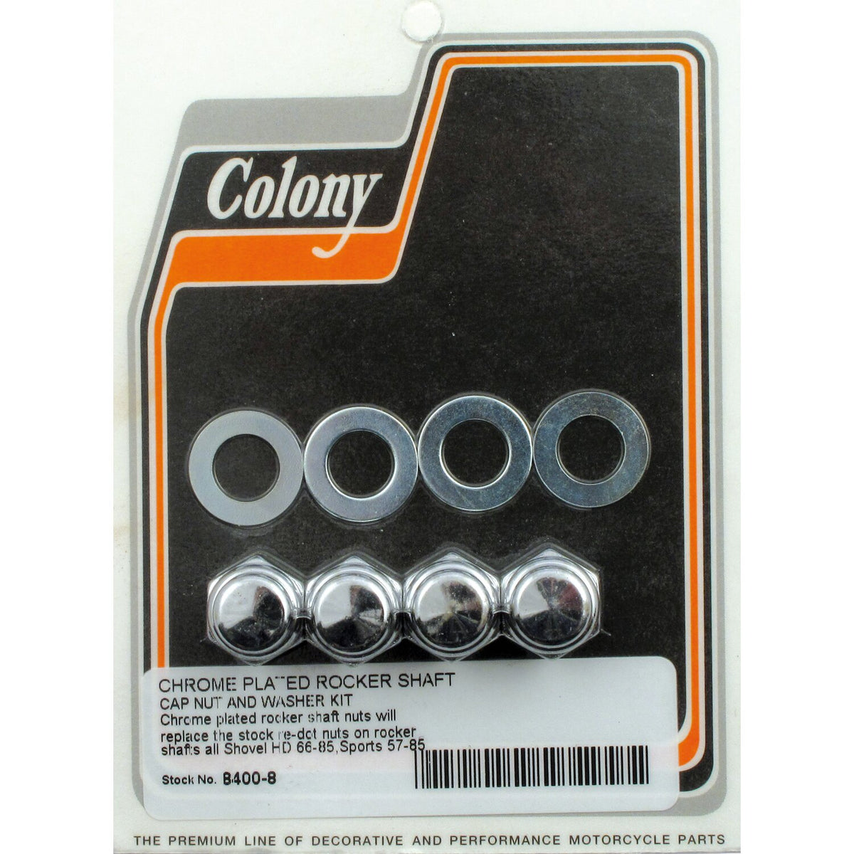 Colony, rocker shaft end nut set. Cap style, chrome
