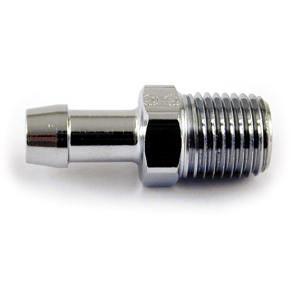 Oil line fitting, straight. 1/4" NPT to 5/16 hose. Chrome