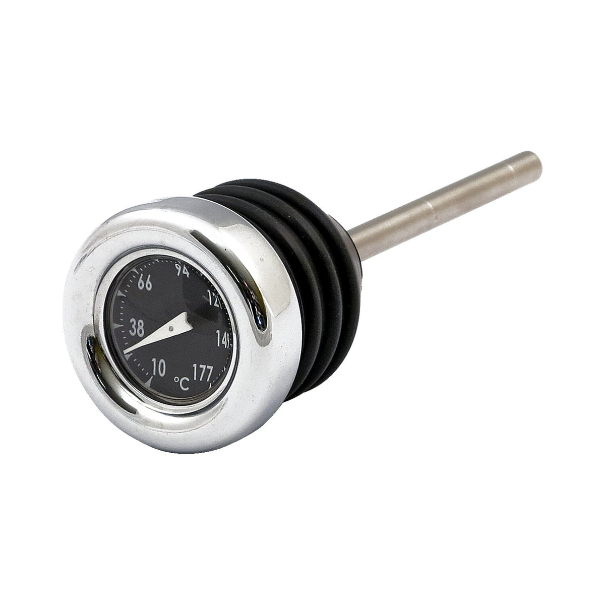 Oil tank dipstick with temperature gauge. Chrome black face