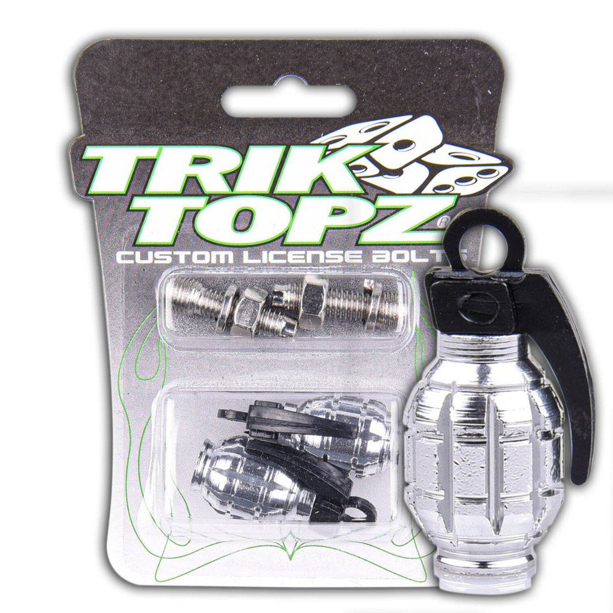 Trik Topz, Hand Grenade license plate mounts. Chrome