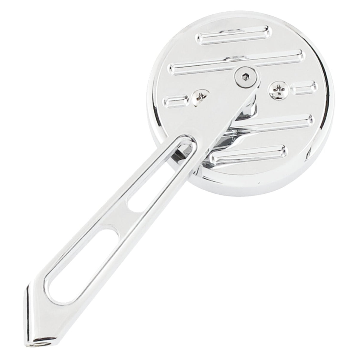 Mini-round aluminum mirror. Chrome, short stem, l&r