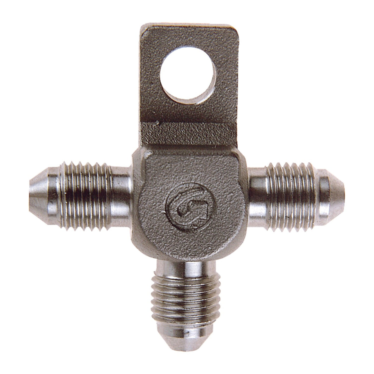 Goodridge t-fitting, with mount tab. Stainless steel