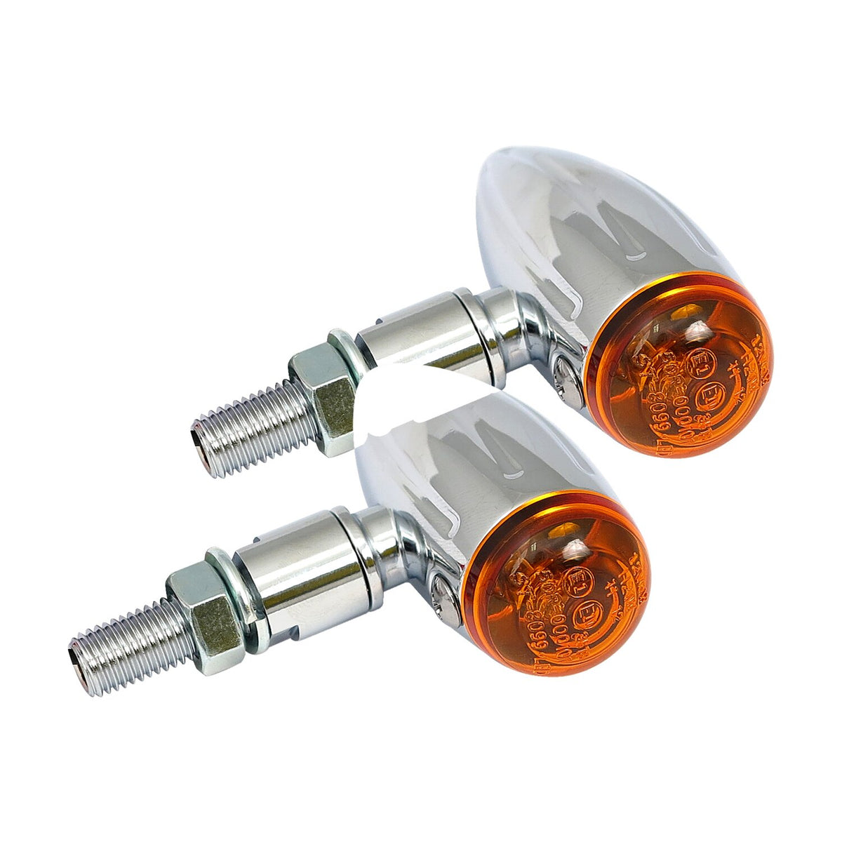 Micro bullet, 12v halogen turn signals. Chrome, grooved