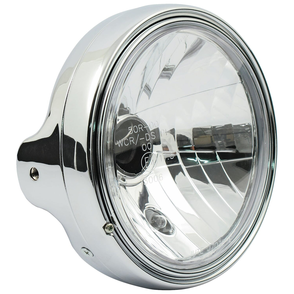LTD style 7" H4 headlamp. side mount. Clear lens. Chrome