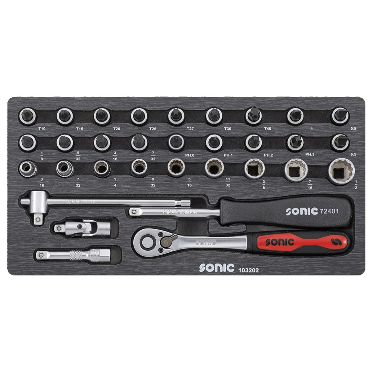 Sonic, Combination socket set 1/4'', 32-piece. US/SAE sizes