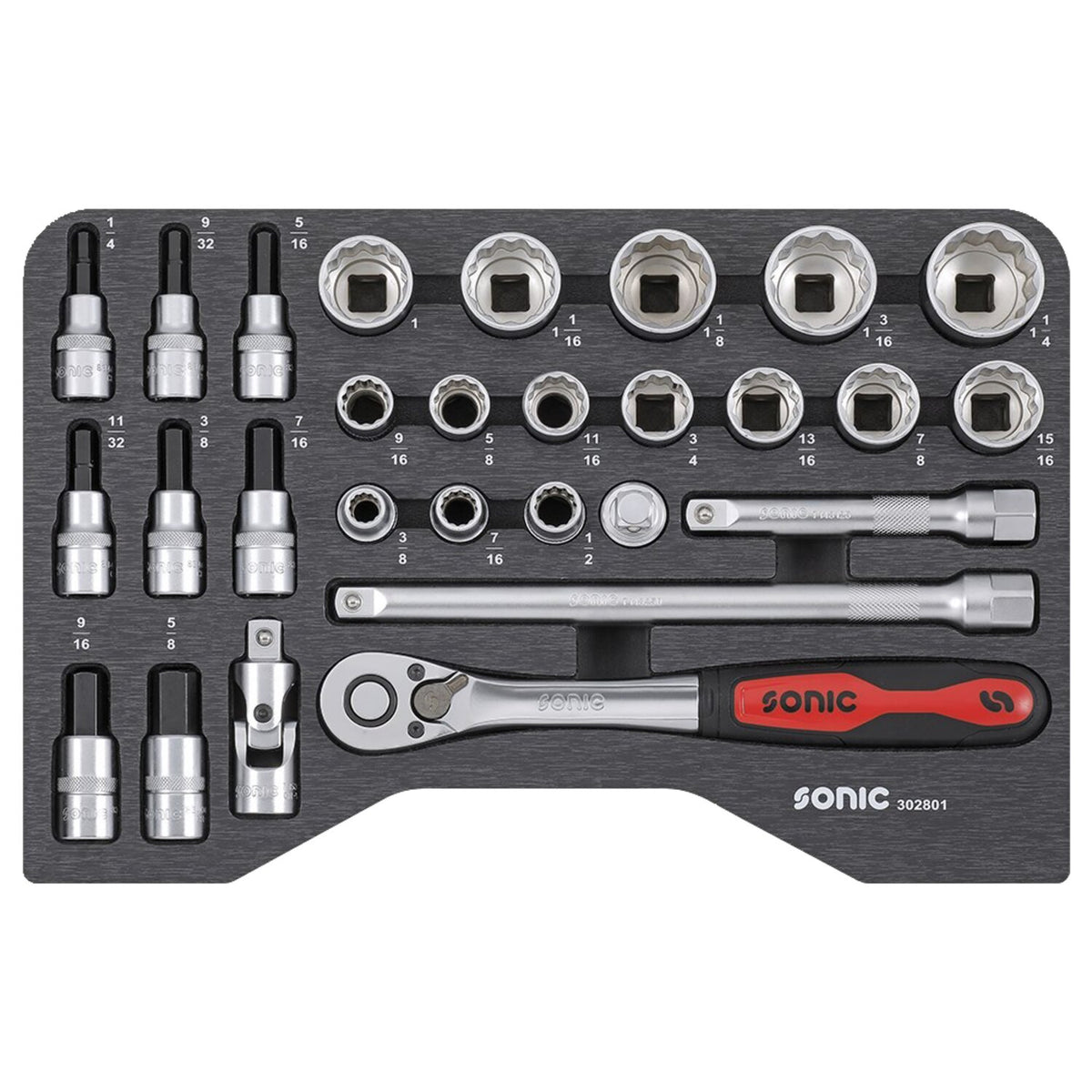 Sonic, combination socket set 1/2'', 28-piece. US/SAE sizes