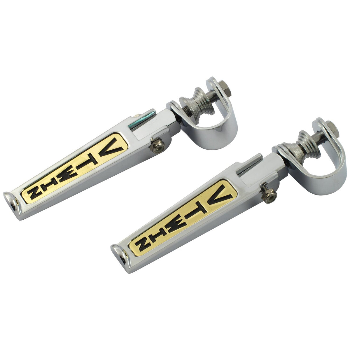 V-Twin foot peg set. clamp-on. Chrome/gold