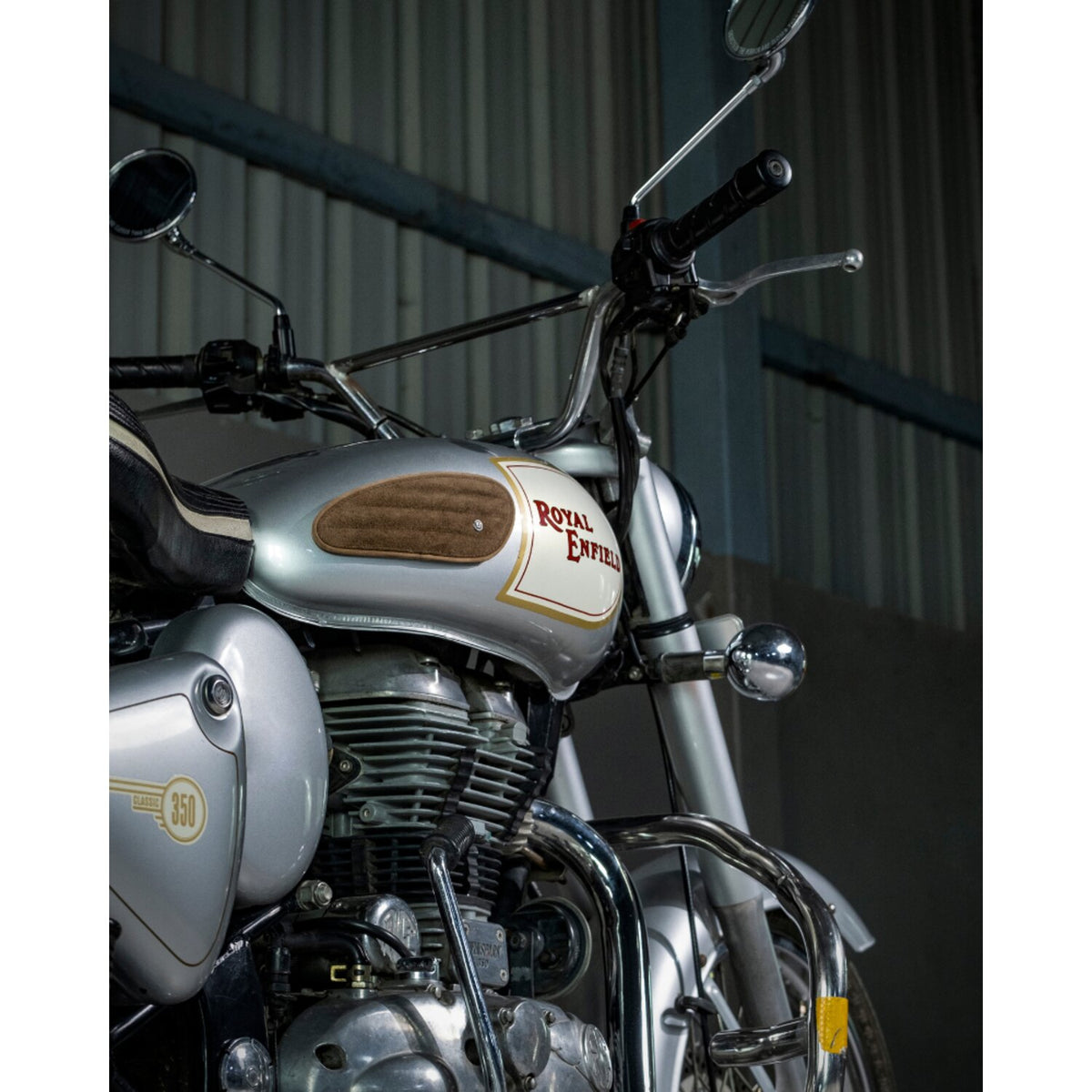 Trip Machine, Mini Classic leather tank pads. Tobacco suede