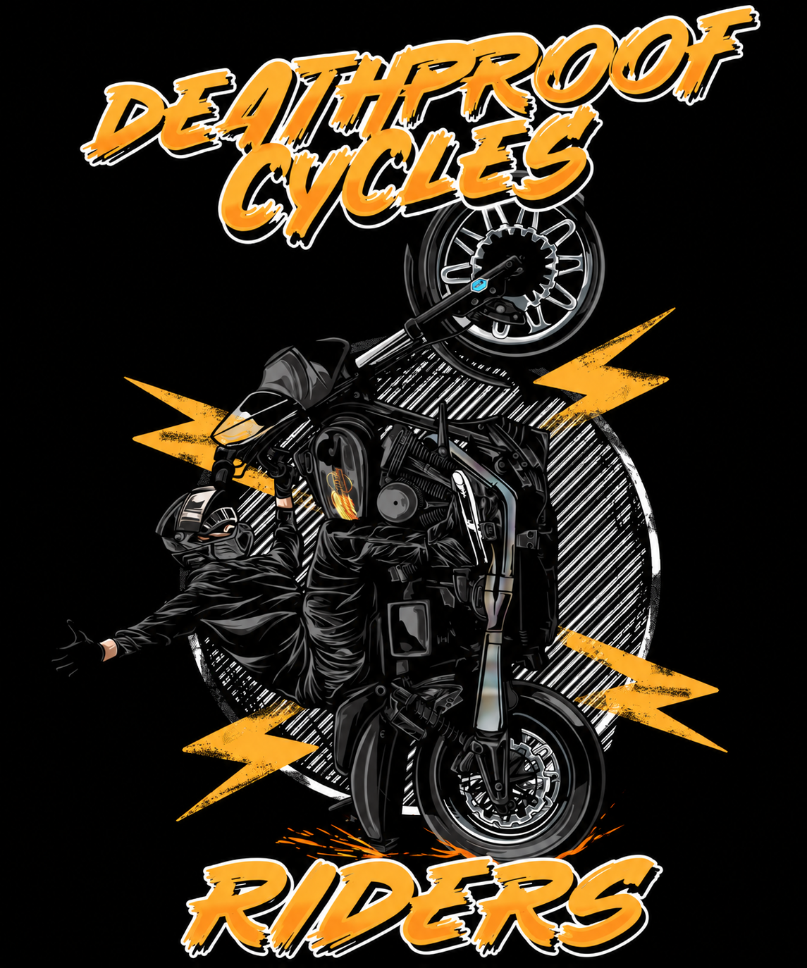 Deathproof Cycles Riders membership artwork: rider performing a wheelie, with orange Deathproof Cycles and Riders lettering