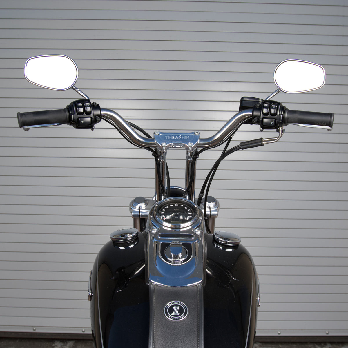 Thrashin Mid Bend black handlebar rider view; other parts not included