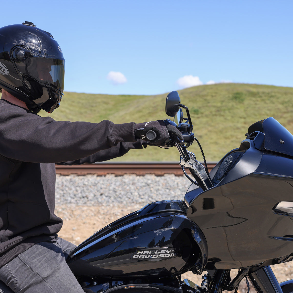 Chrome high-bend handlebar installation view; other parts not included