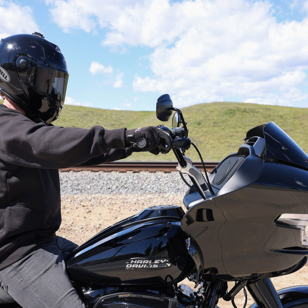 TSC-2802-1 black high-bend handlebar installed, view 1; motorcycle and other parts not included