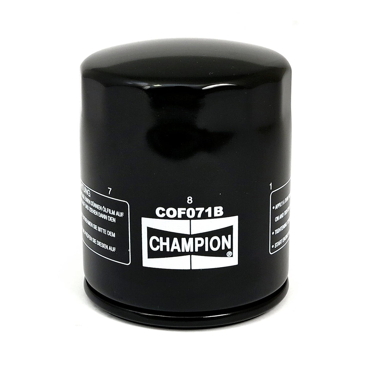 Champion, spin-on oil filter. Black