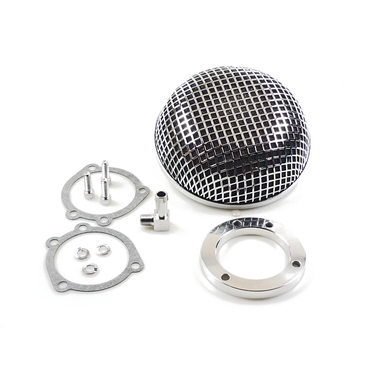 Breather style air cleaner assembly, round. Chrome