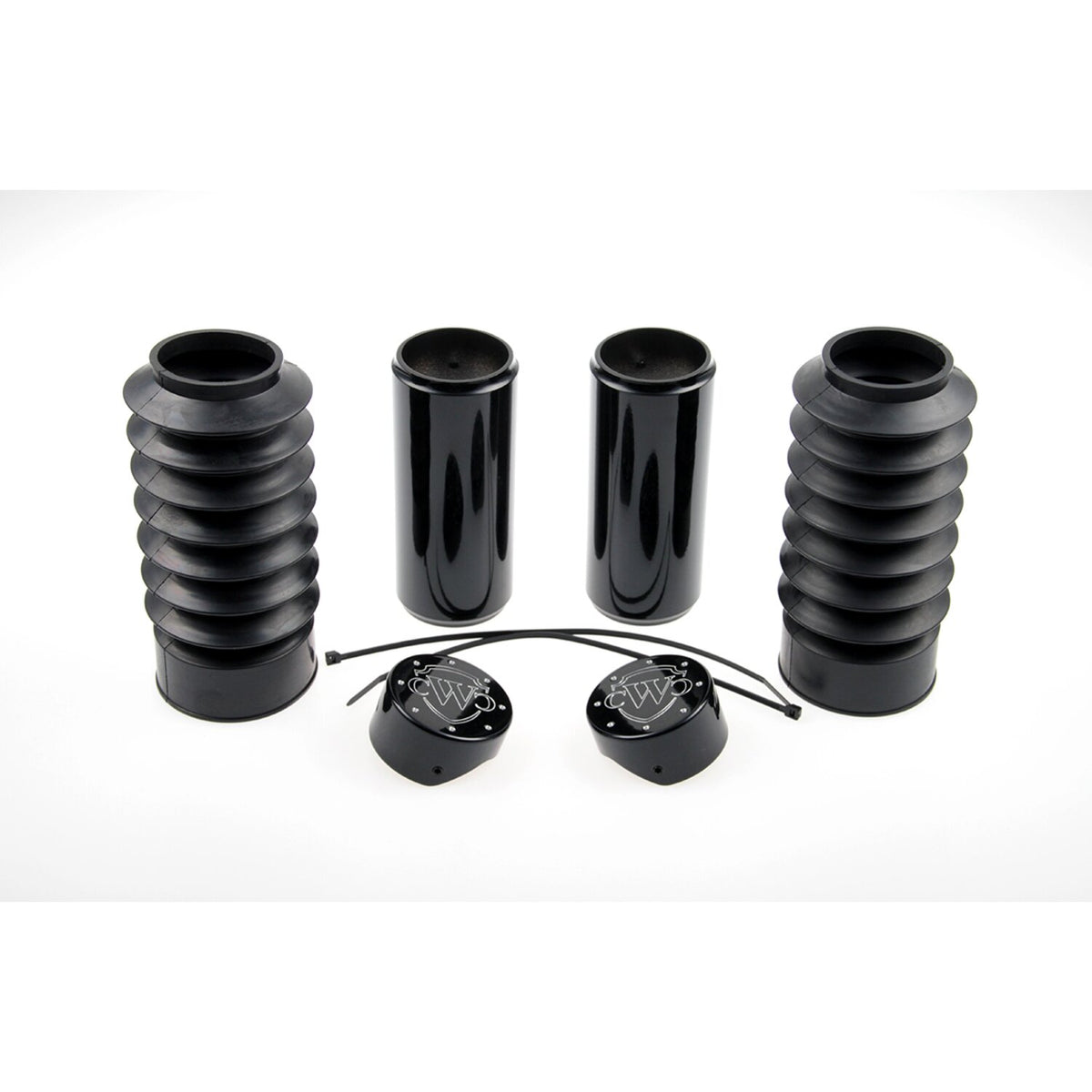 Cult-Werk, 6-piece fork tube cover kit. Gloss black. Logo