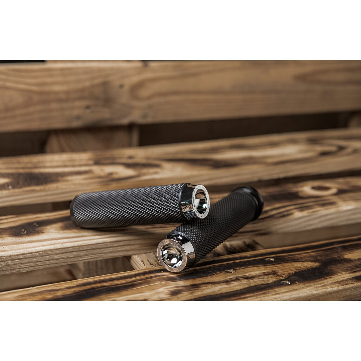 Rough Crafts, knurled rubber handlebar grips. Chrome