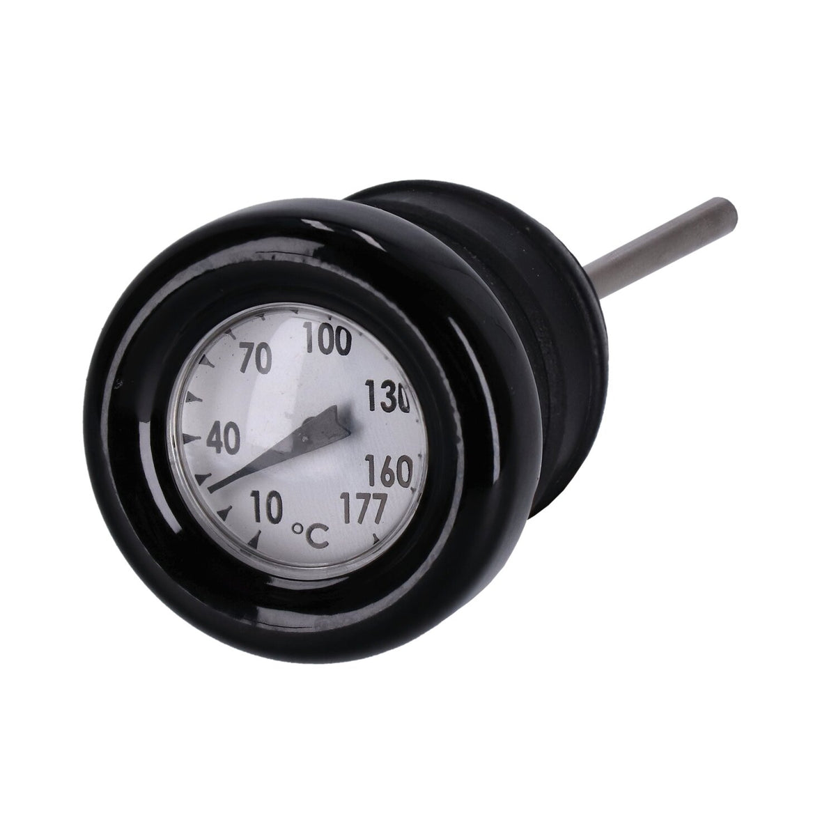 Oil tank dipstick with temperature gauge. Black w/white face