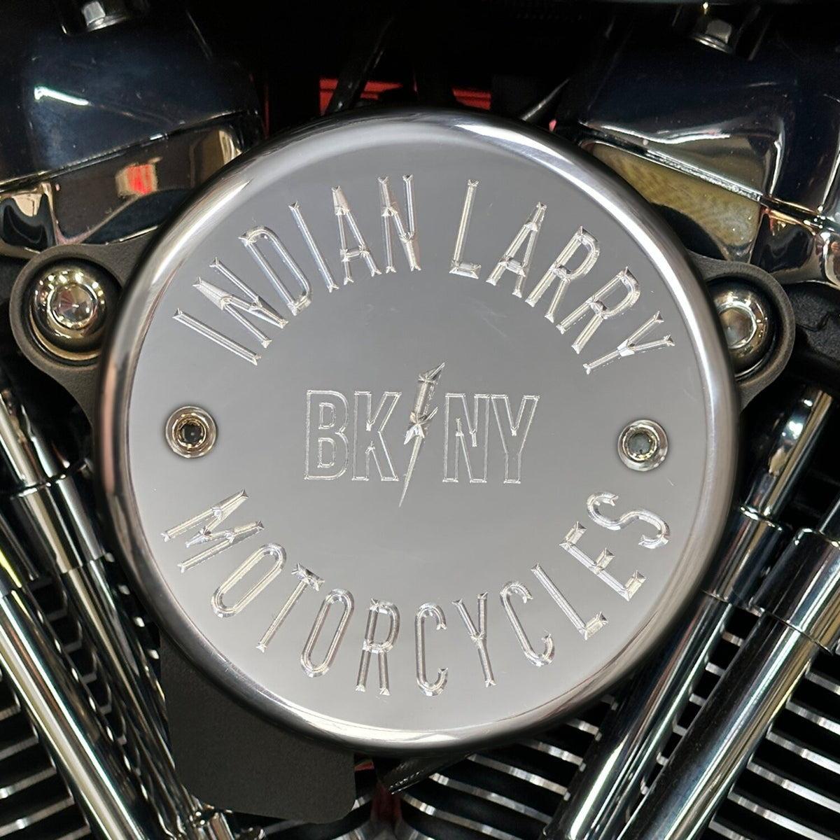 Indian Larry, BK/NY air cleaner cover. Polished
