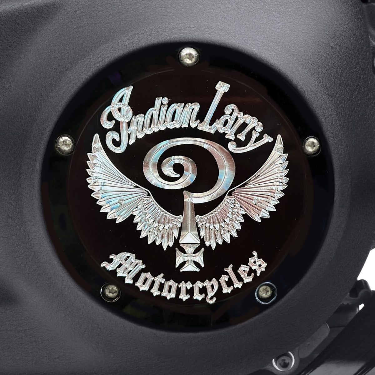Indian Larry, 'Indian Larry' logo derby cover. Gloss black