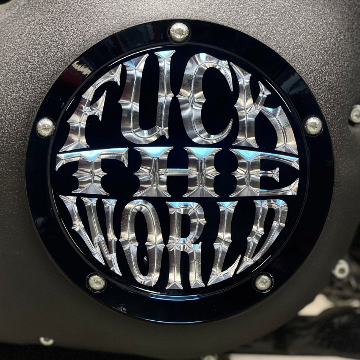 Indian Larry, 'FTW' derby cover. Gloss black/clear