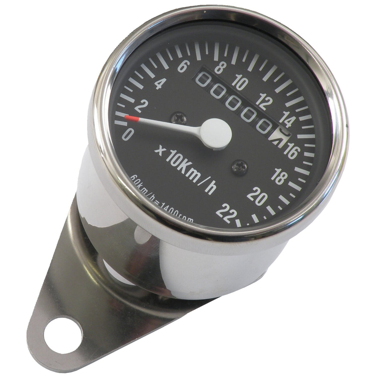 Mini speedometer, 2:1 kmh chrome with black face plate