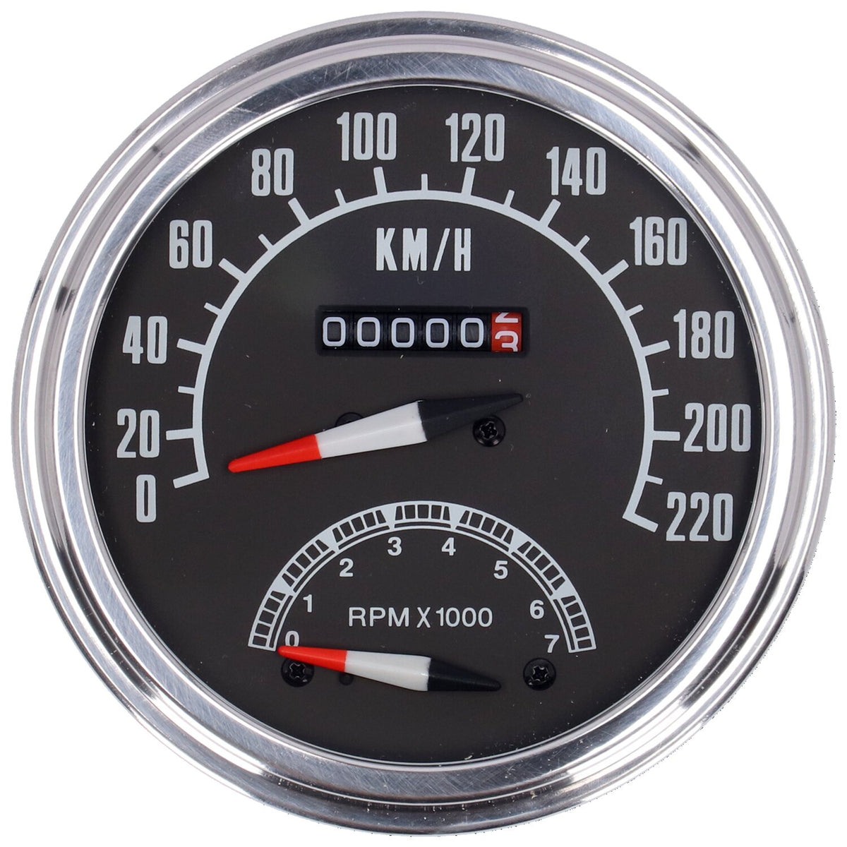 FL speedo/tachometer, '73-84 face', black. 2:1 kmh