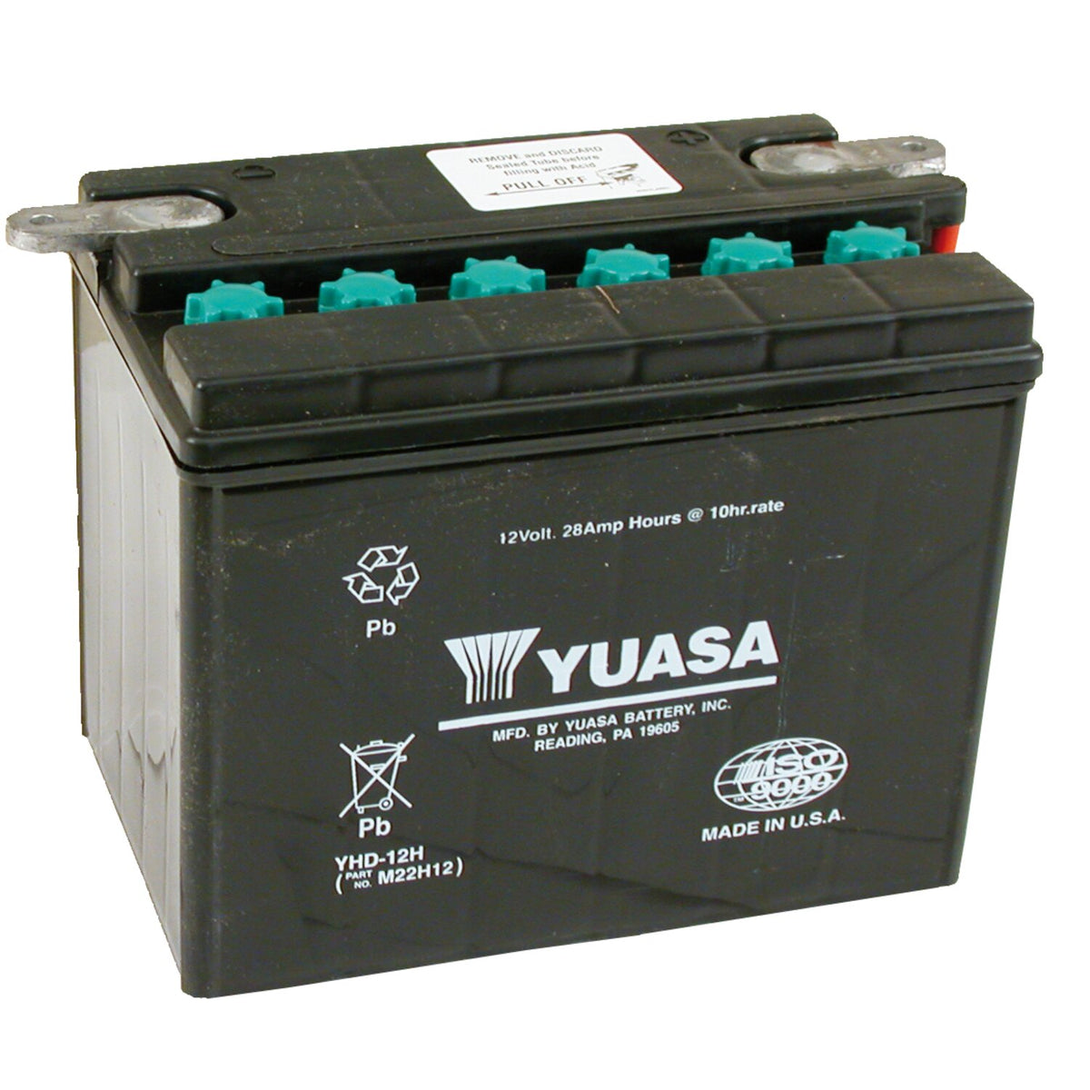 Yuasa, 12V lead-acid battery. 28Ah
