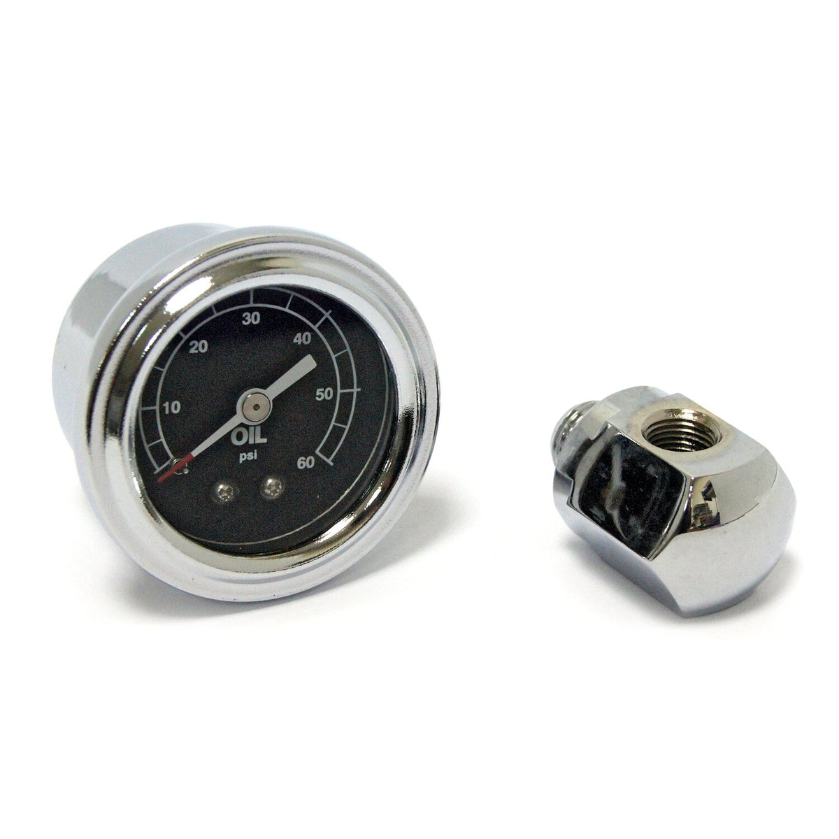 Oil pressure gauge kit rocker box, 0-60 PSI. Chrome
