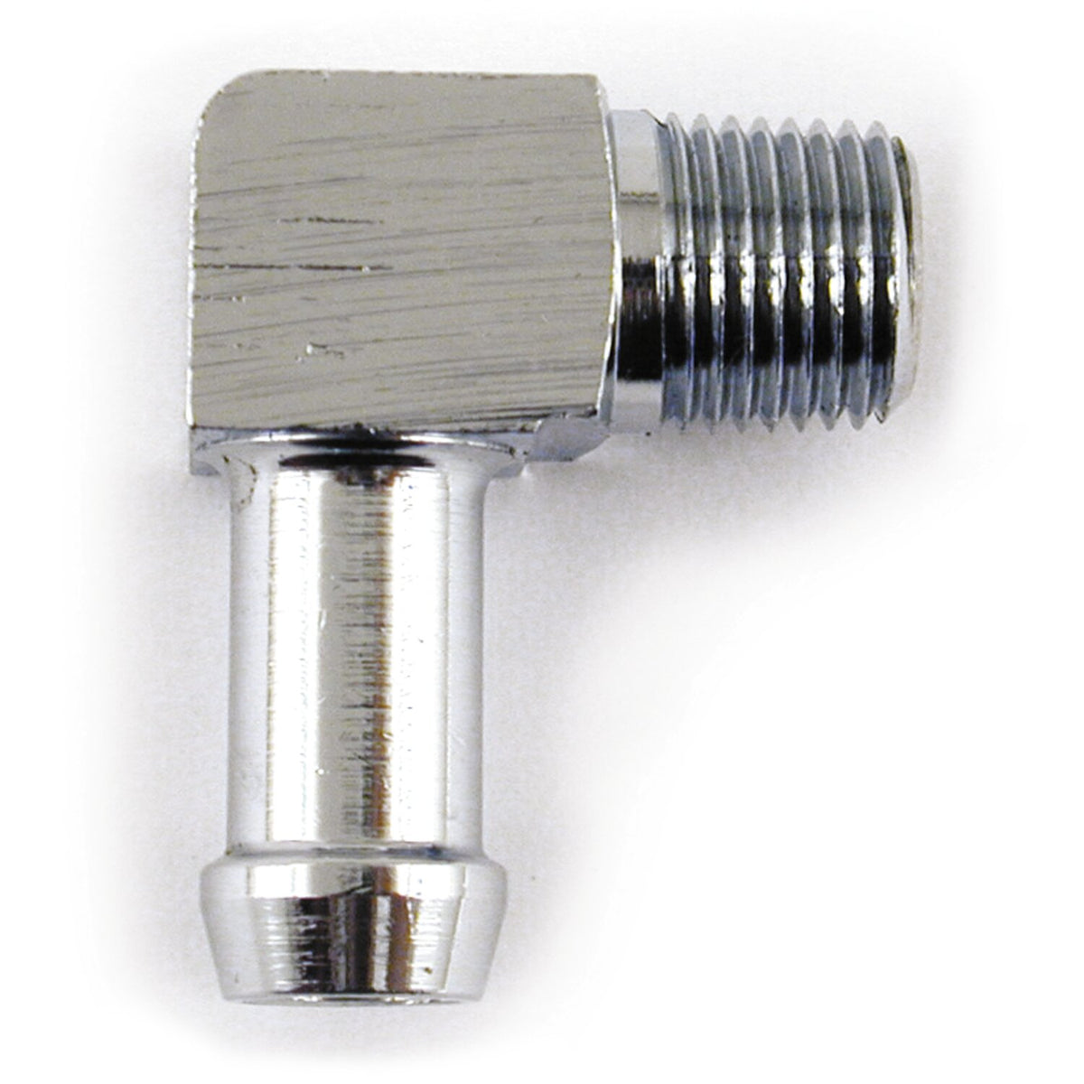 Oil line fitting, 90 degree. 1/8-27 NPT to 5/16". Chrome