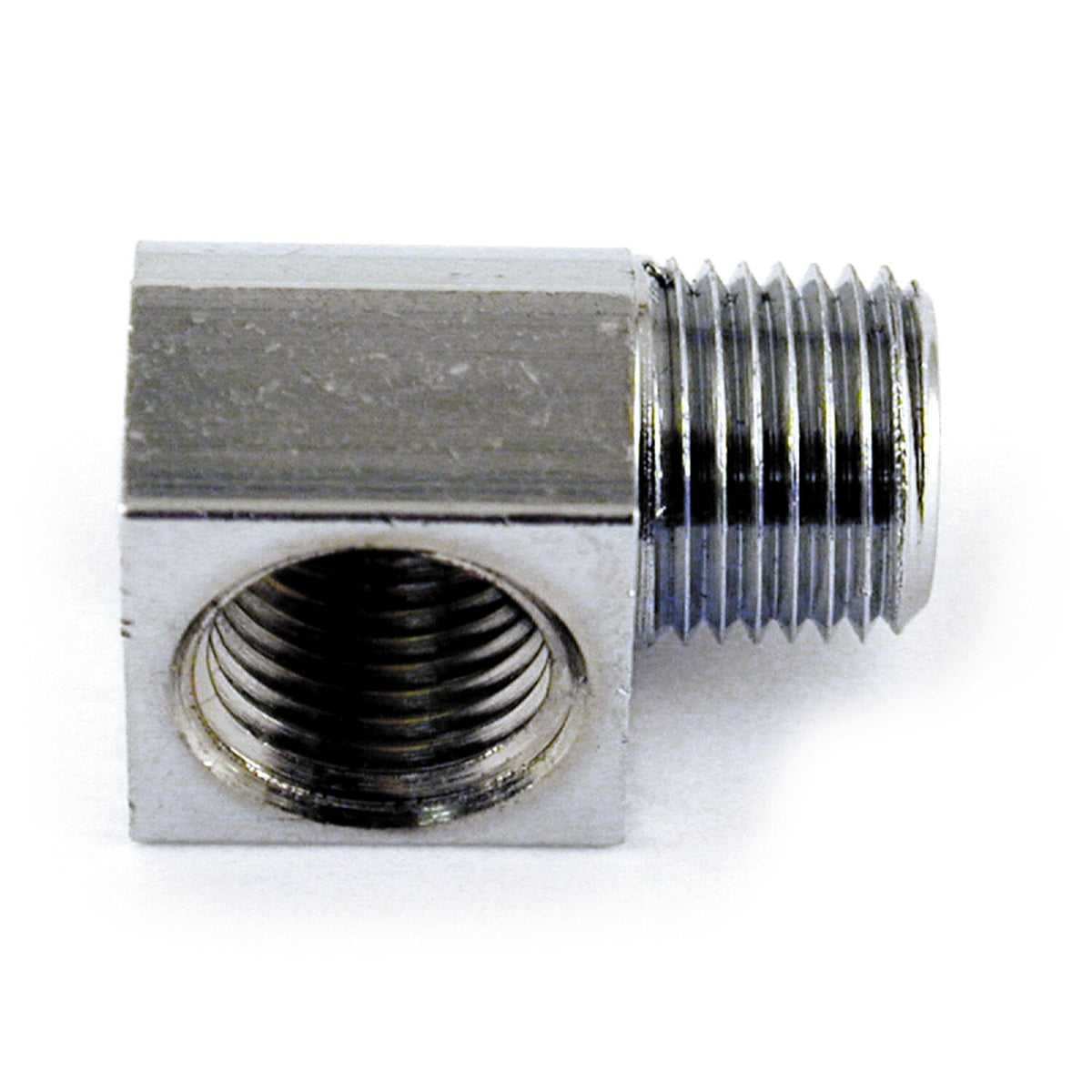 Oil fitting adapter, 90 degree. Chrome